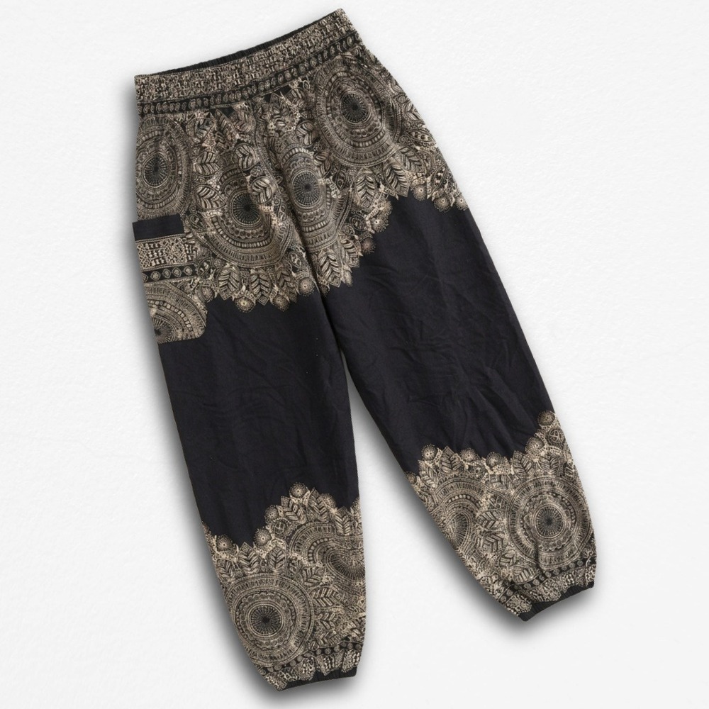 Boho Mandala Print Harem Pants Black Cream Rayon Smocked Waist Joggers XS